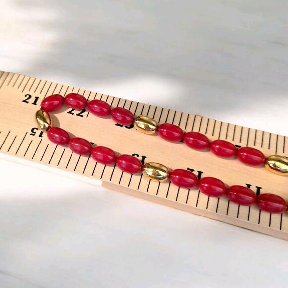 Vintage Napier Necklace Bright Red Gold Tone Oval Shaped Beads 28" L SKU 2258 - Picture 6 of 12